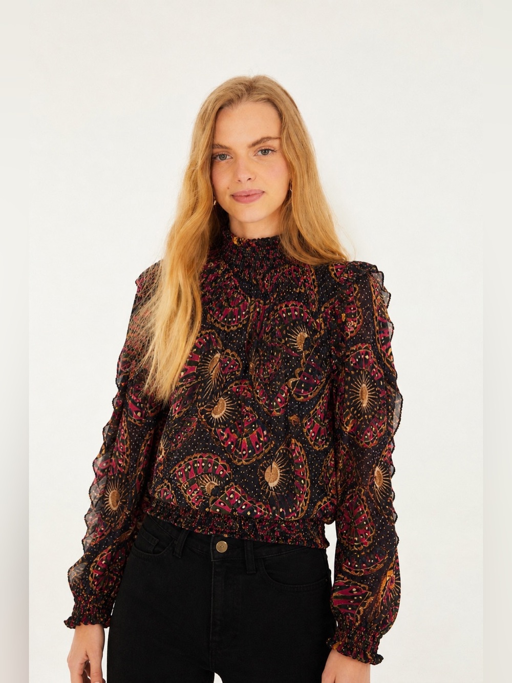 FARM Rio Black Pink Gold Printed Ruffle-Neck Blouse - Picture 15 of 15